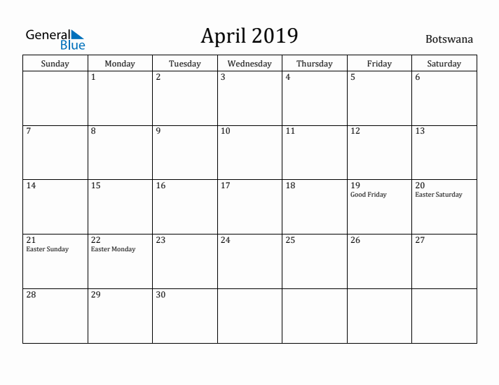April 2019 Calendar Botswana