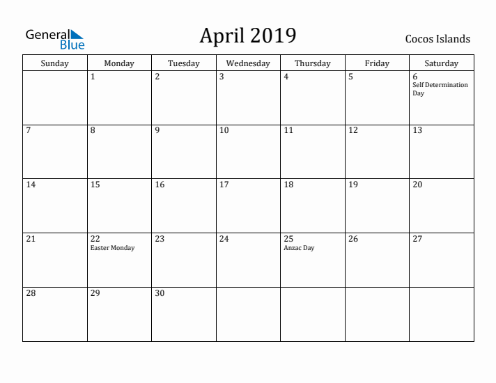April 2019 Calendar Cocos Islands
