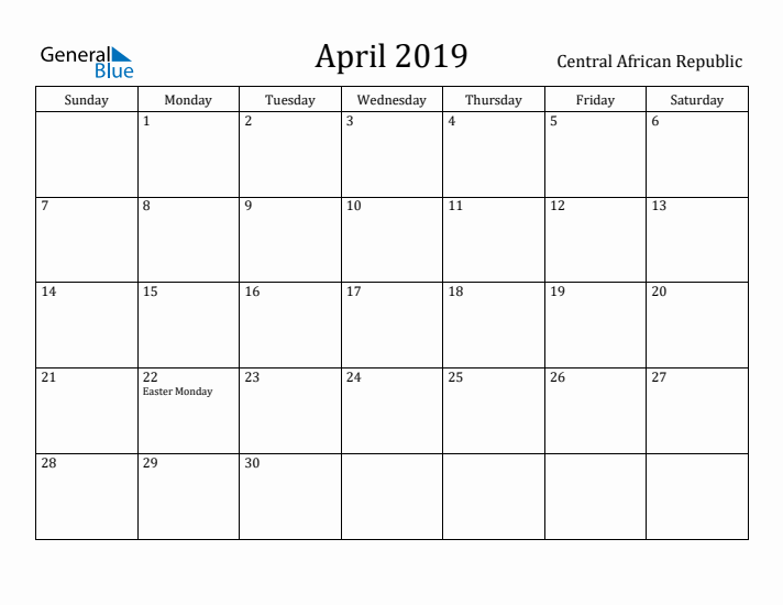 April 2019 Calendar Central African Republic