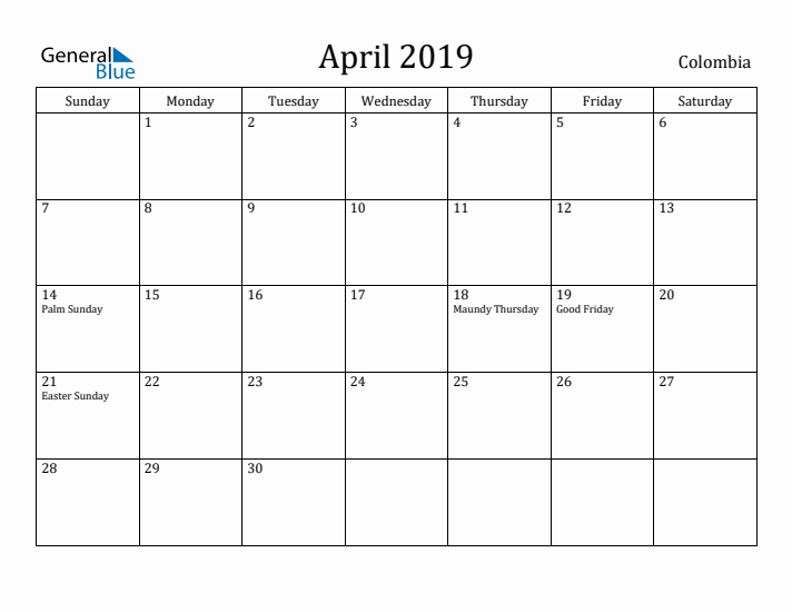 April 2019 Calendar Colombia