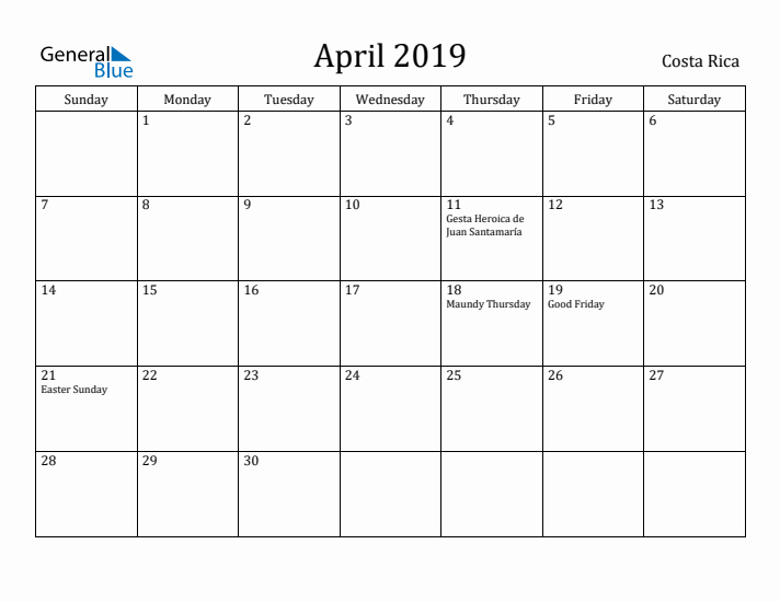 April 2019 Calendar Costa Rica