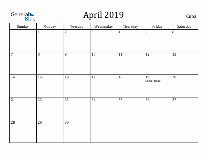 April 2019 Calendar Cuba