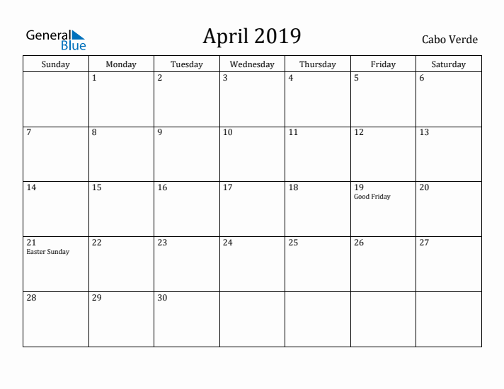 April 2019 Calendar Cabo Verde