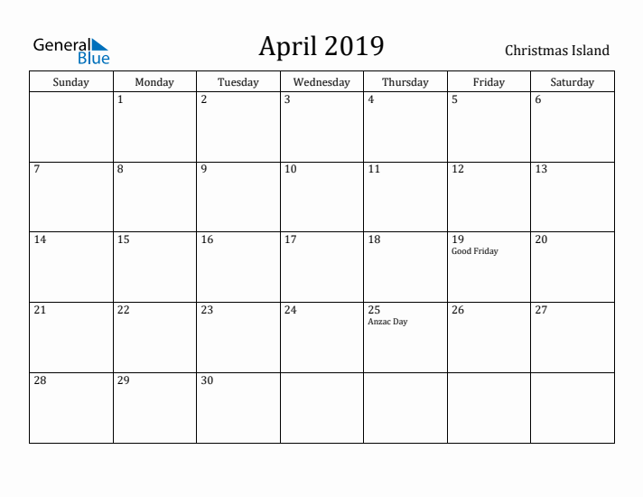 April 2019 Calendar Christmas Island