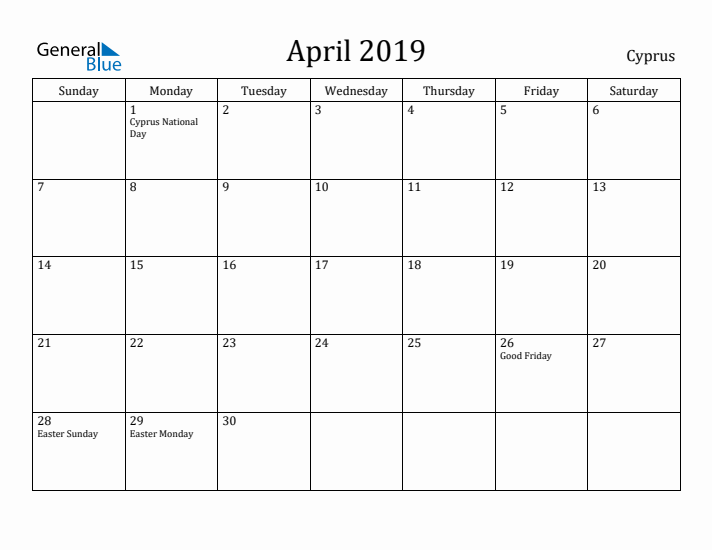 April 2019 Calendar Cyprus