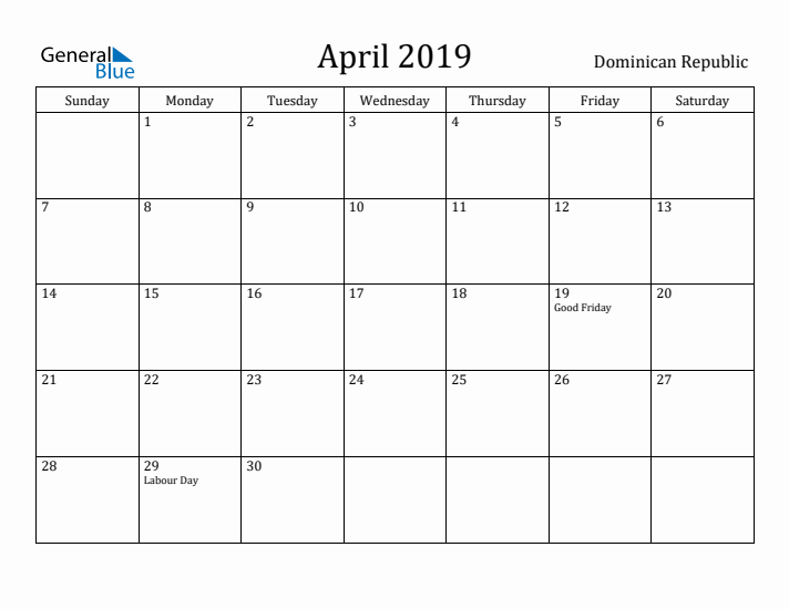 April 2019 Calendar Dominican Republic