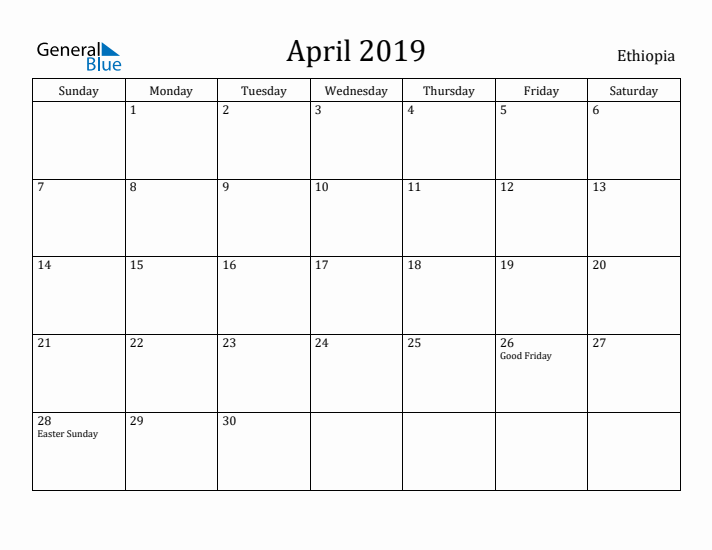 April 2019 Calendar Ethiopia