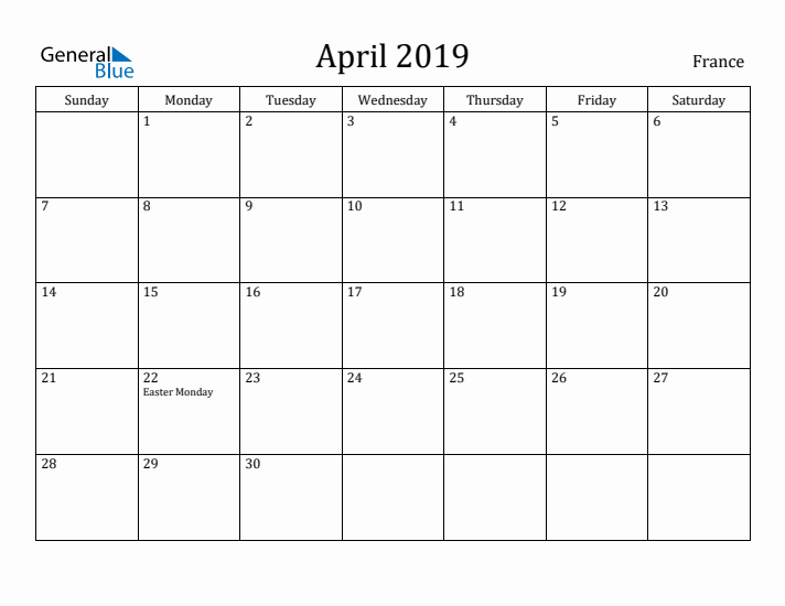 April 2019 Calendar France