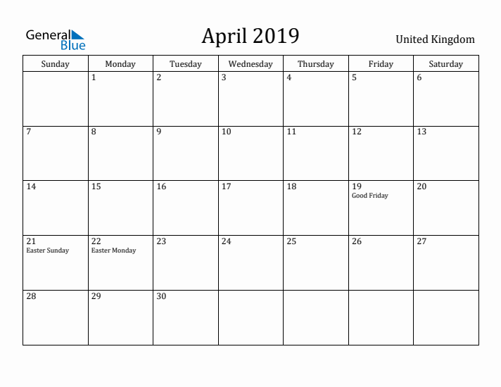 April 2019 Calendar United Kingdom