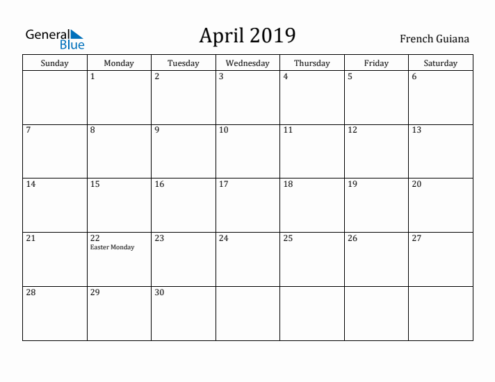 April 2019 Calendar French Guiana
