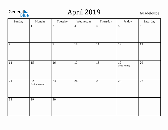 April 2019 Calendar Guadeloupe