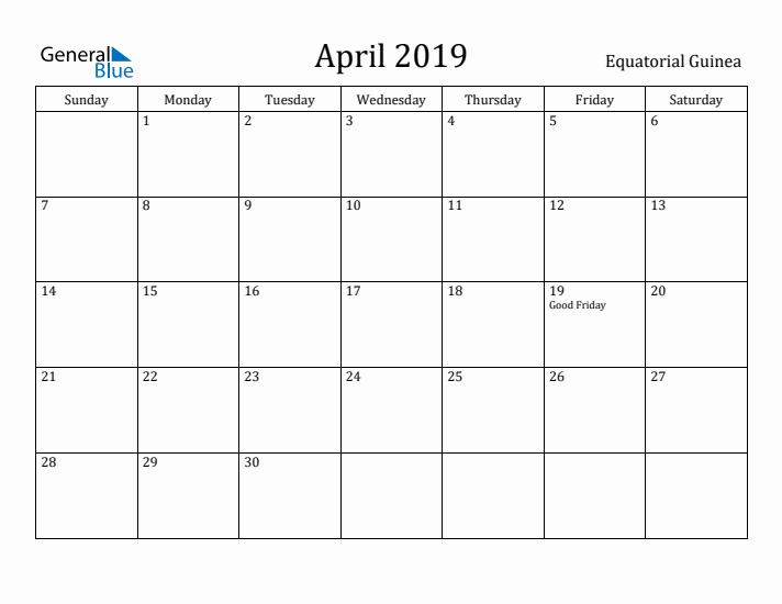 April 2019 Calendar Equatorial Guinea