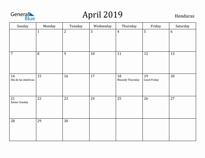 April 2019 Calendar Honduras
