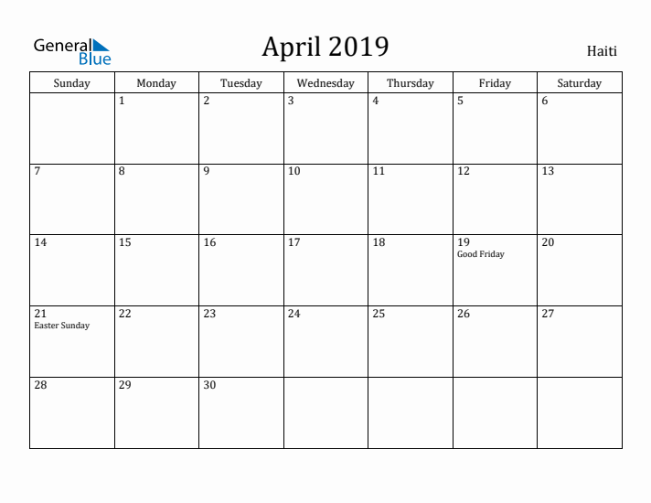 April 2019 Calendar Haiti