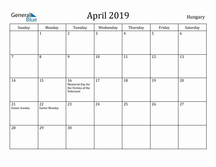 April 2019 Calendar Hungary
