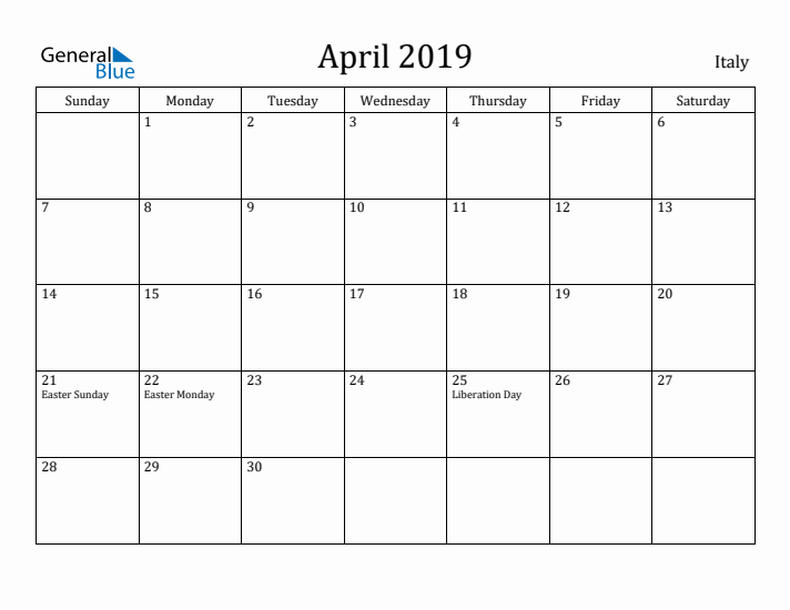 April 2019 Calendar Italy