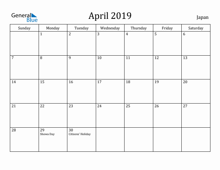 April 2019 Calendar Japan