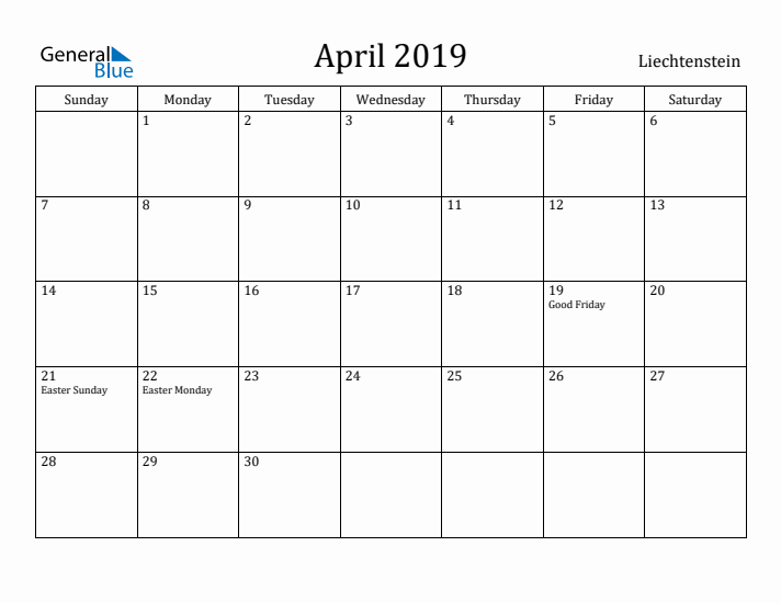 April 2019 Calendar Liechtenstein