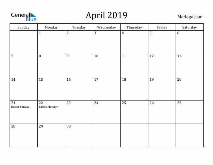 April 2019 Calendar Madagascar