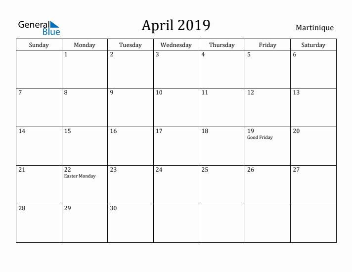 April 2019 Calendar Martinique