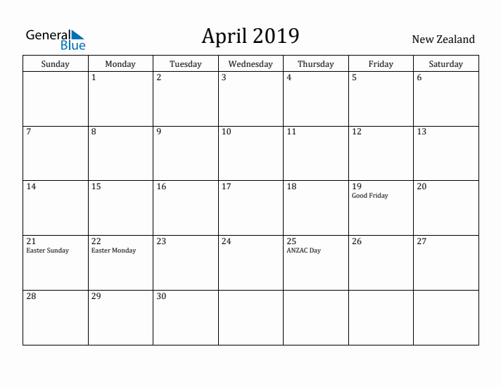 April 2019 Calendar New Zealand