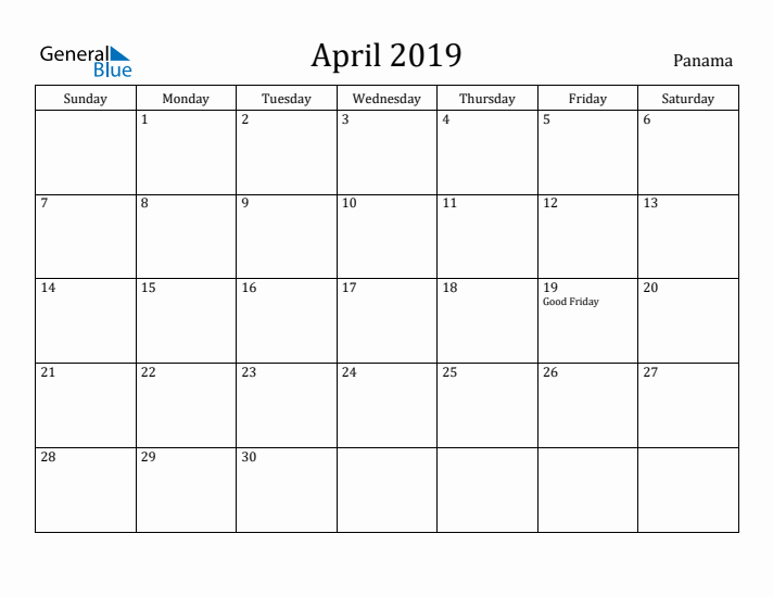 April 2019 Calendar Panama