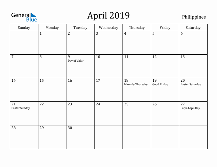 April 2019 Calendar Philippines