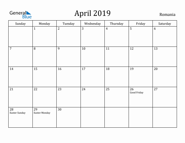 April 2019 Calendar Romania