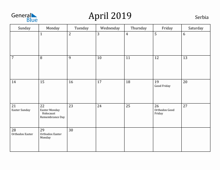 April 2019 Calendar Serbia