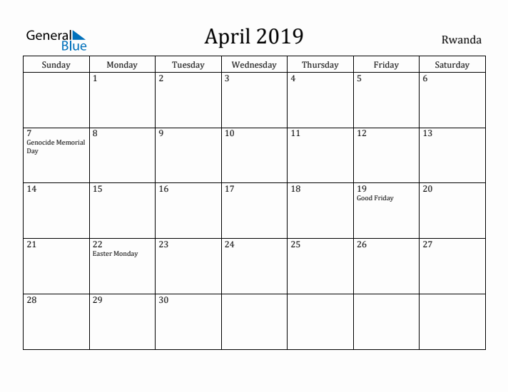 April 2019 Calendar Rwanda
