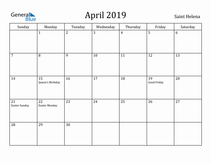 April 2019 Calendar Saint Helena