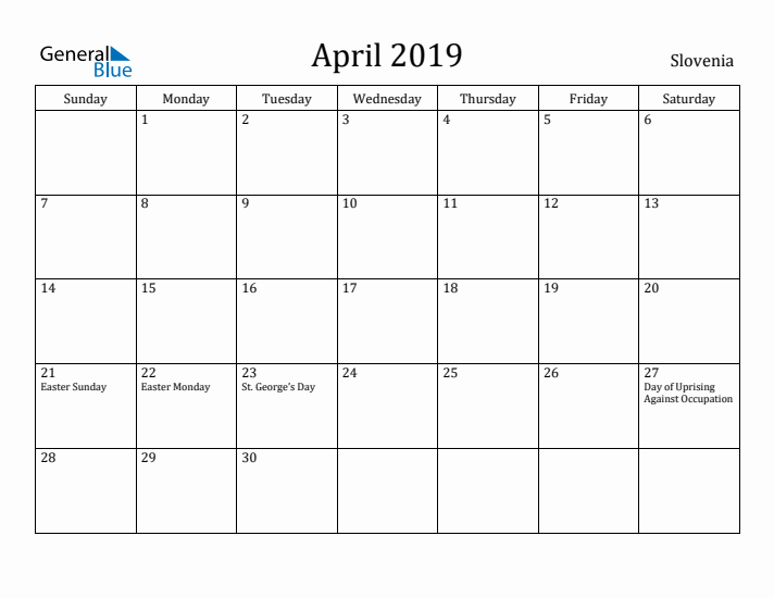 April 2019 Calendar Slovenia