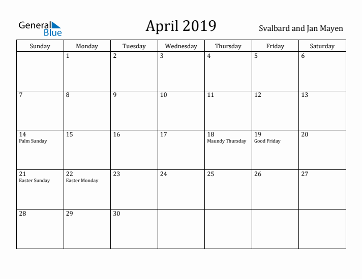 April 2019 Calendar Svalbard and Jan Mayen