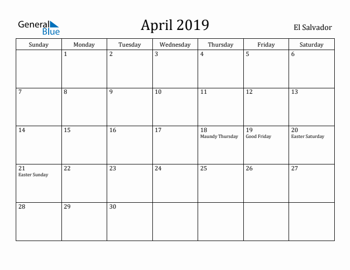 April 2019 Calendar El Salvador