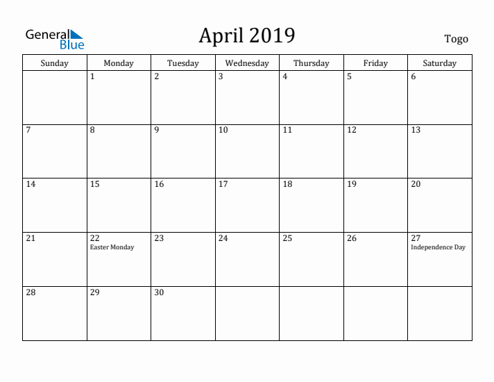 April 2019 Calendar Togo