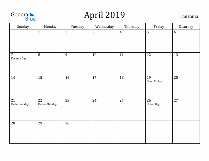 April 2019 Calendar Tanzania