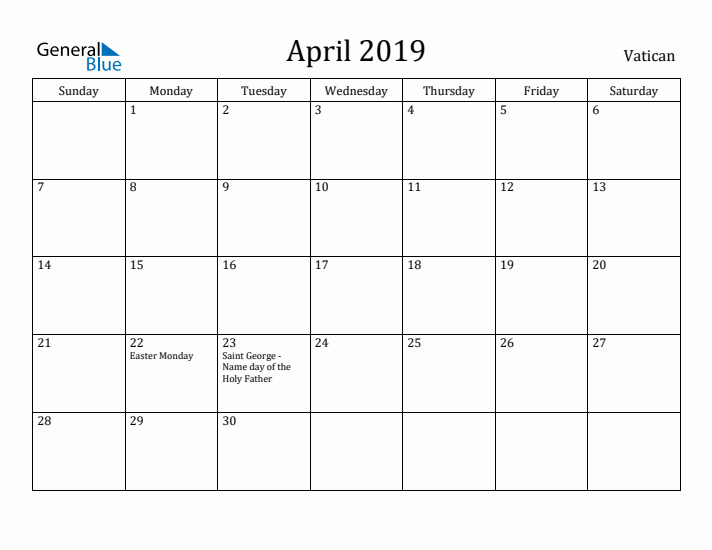April 2019 Calendar Vatican