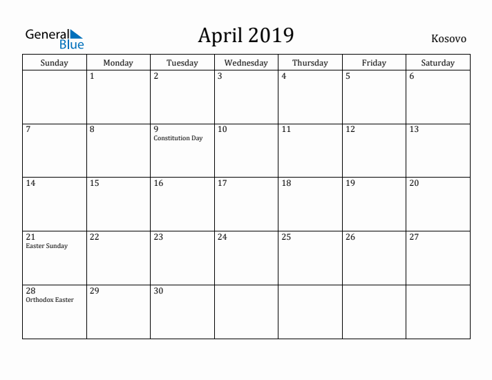 April 2019 Calendar Kosovo