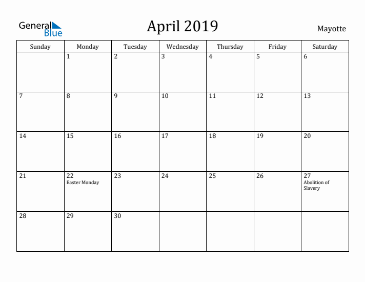 April 2019 Calendar Mayotte