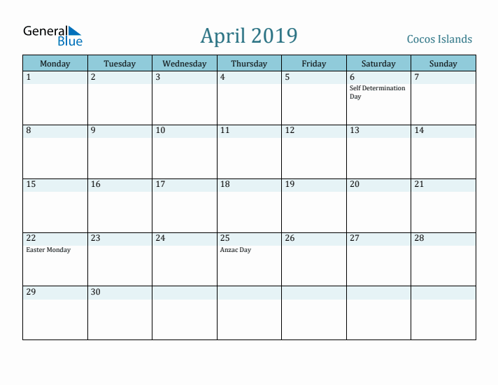 April 2019 Calendar with Holidays