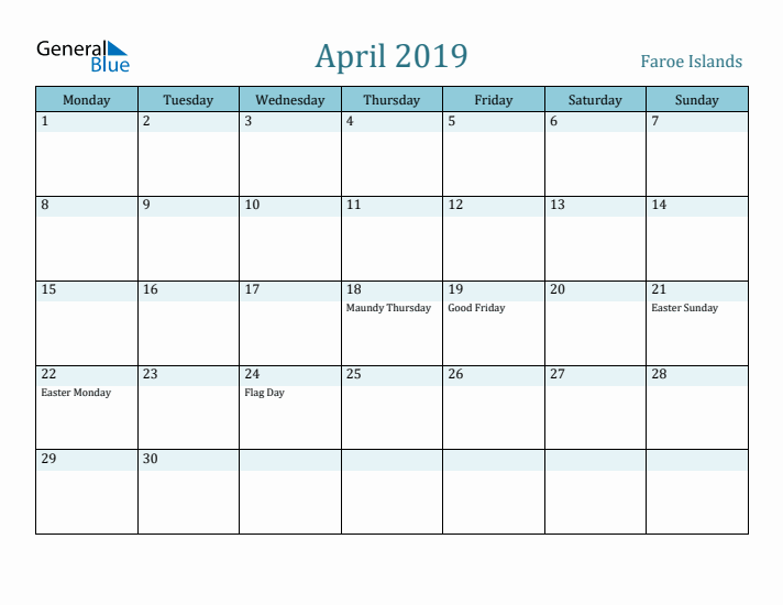April 2019 Calendar with Holidays