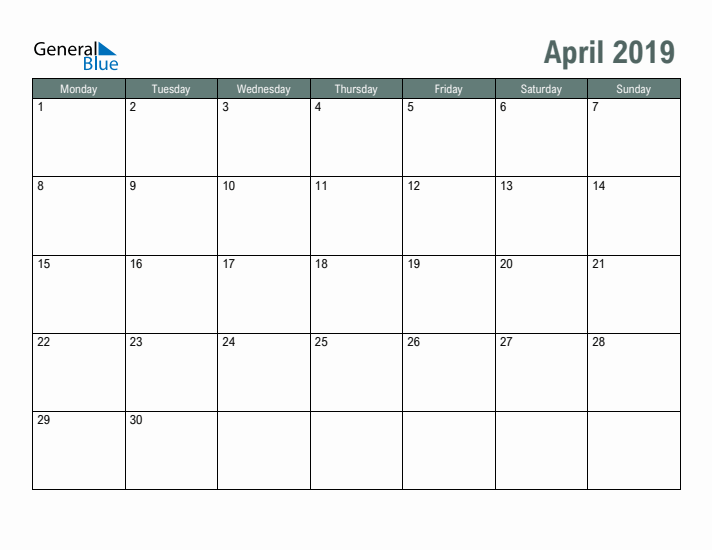 Free Printable April 2019 Calendar