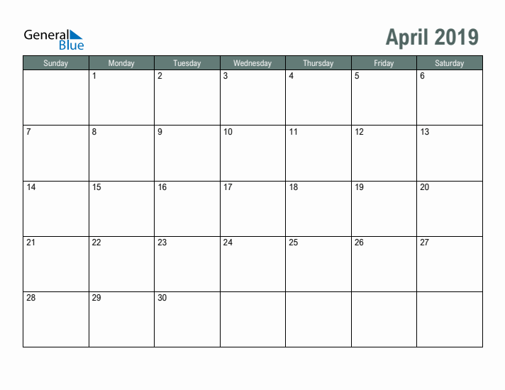 Free Printable April 2019 Calendar
