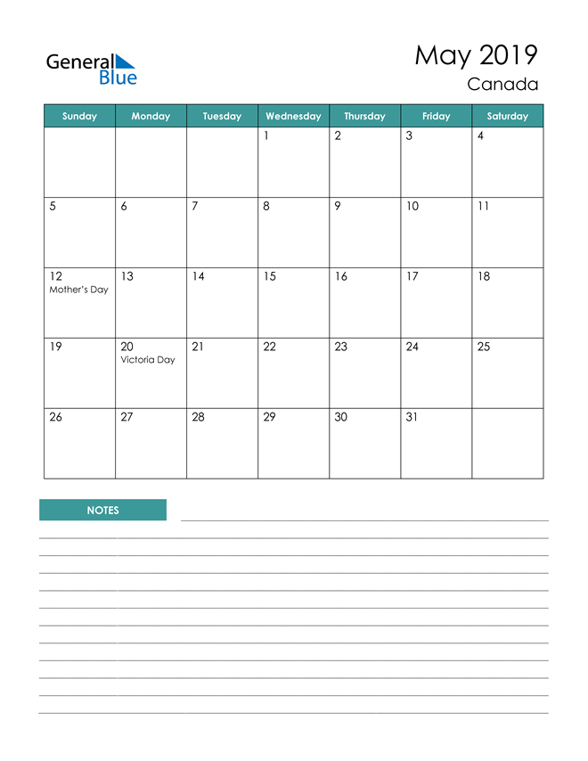 Calendar with Notes Printable