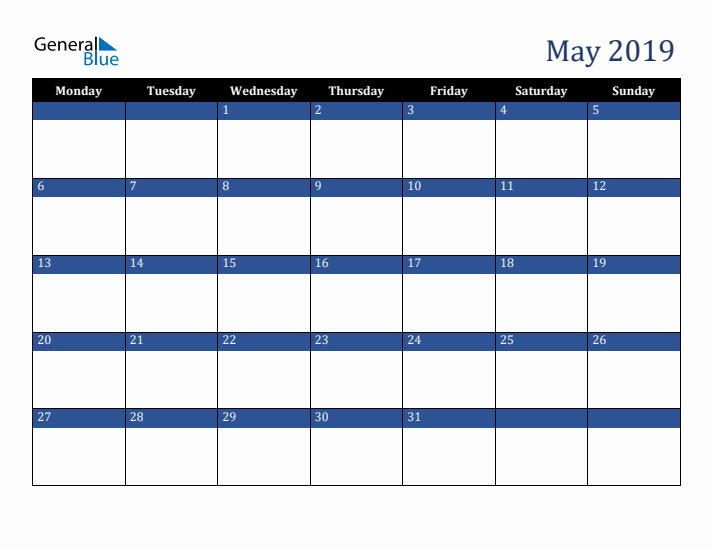Monday Start Calendar for May 2019