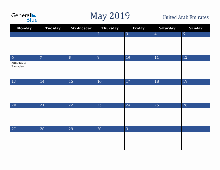 May 2019 United Arab Emirates Calendar (Monday Start)