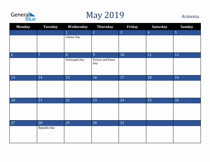 May 2019 Armenia Calendar (Monday Start)