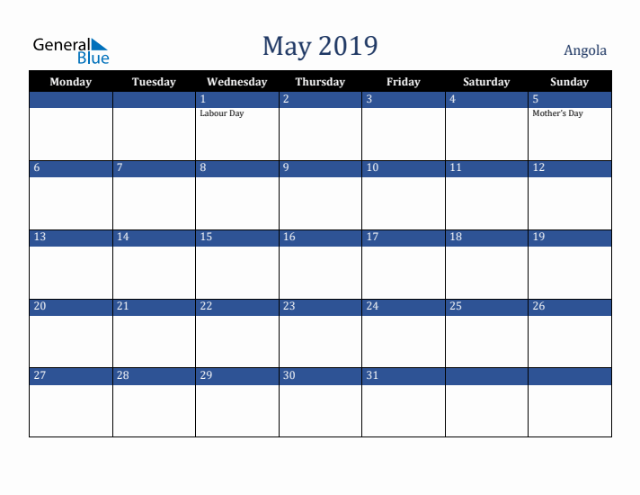 May 2019 Angola Calendar (Monday Start)