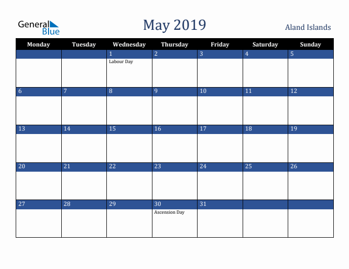 May 2019 Aland Islands Calendar (Monday Start)
