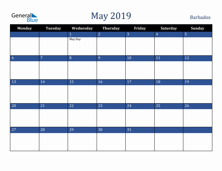 May 2019 Barbados Calendar (Monday Start)